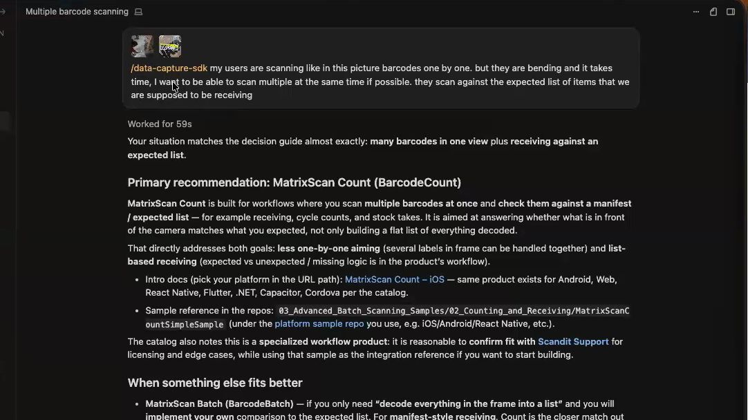 A dark mode screenshot of technical documentation for "Multiple barcode scanning," recommending the "MatrixScan Count" feature for specific workflows.