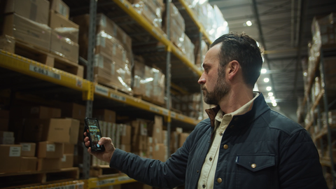 warehouse worker scanning packages on mobile device