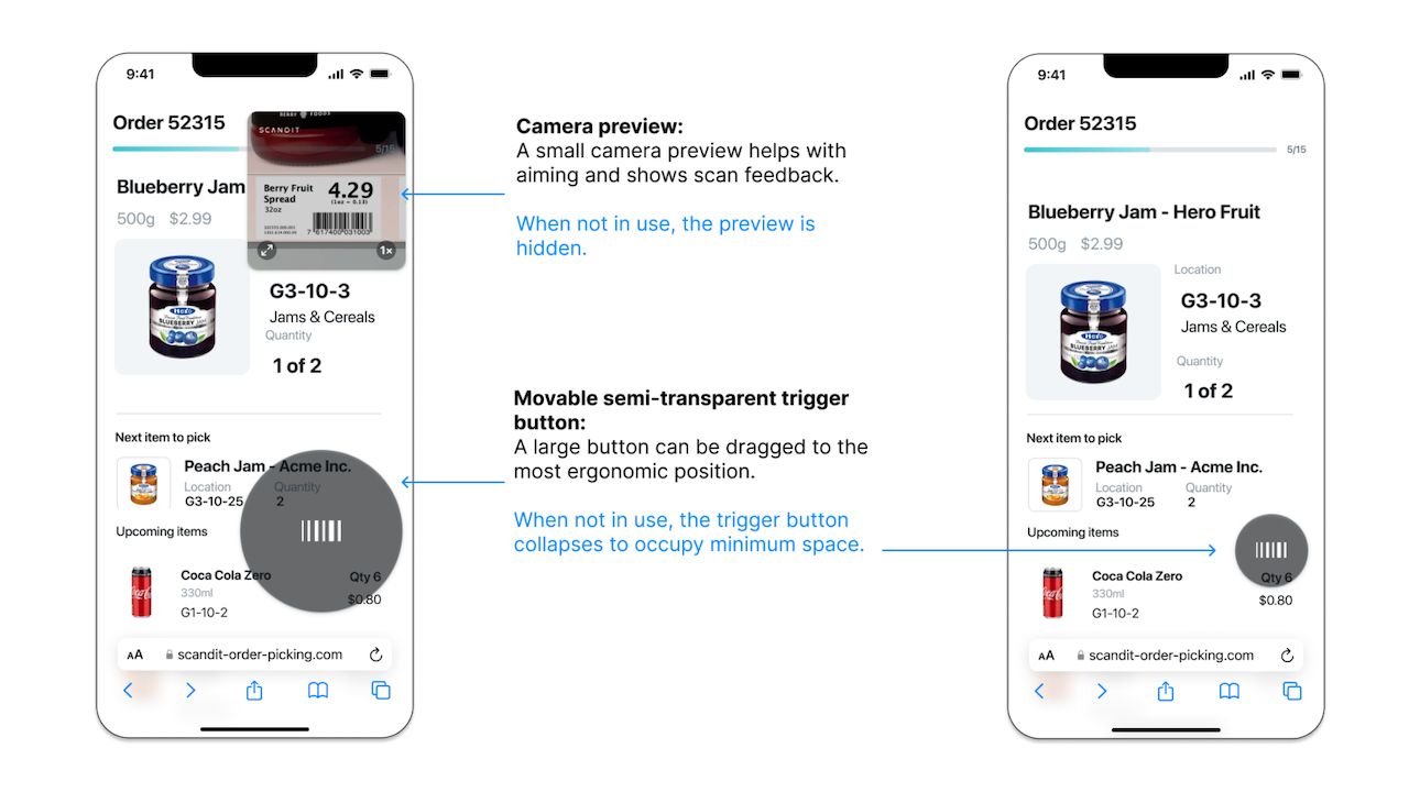 Graphic showing a Flutter barcode scanner UI using the Scandit SparkScan pre-built barcode scanning component