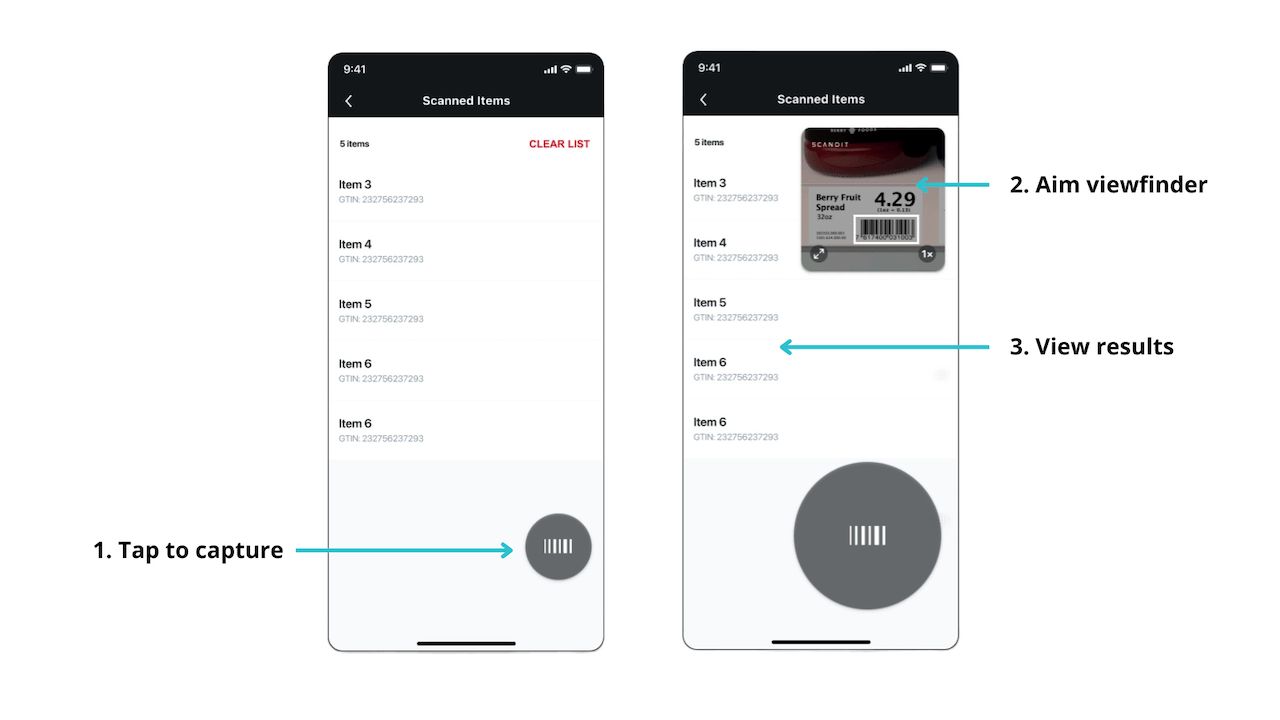 Two mobile screens showing a barcode scanning app: tap to capture, aim viewfinder at product, then view scanned item results.