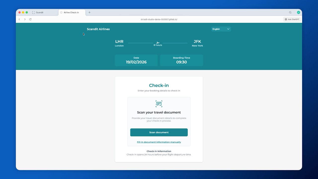 Screenshot of an airline check-in page showing a flight from London to New York. Check-in date: 19/02/2026, boarding time: 09:30. Options to scan travel document.
