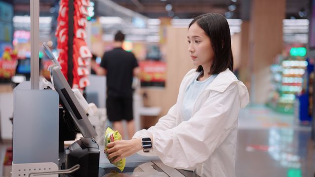 Young Asian woman in a white jacket using a self-checkout kiosk at a retail supermarket, scanning a food item with a smartwatch on her wrist.