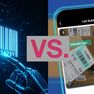 Digital barcode with robotic hand vs. smartphone scanning packages, highlighting technology contrast.
