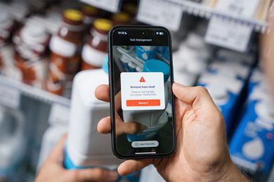 Person holding a smartphone displaying a "Remove from shelf" alert for a product, with shelves of items blurred in the background.