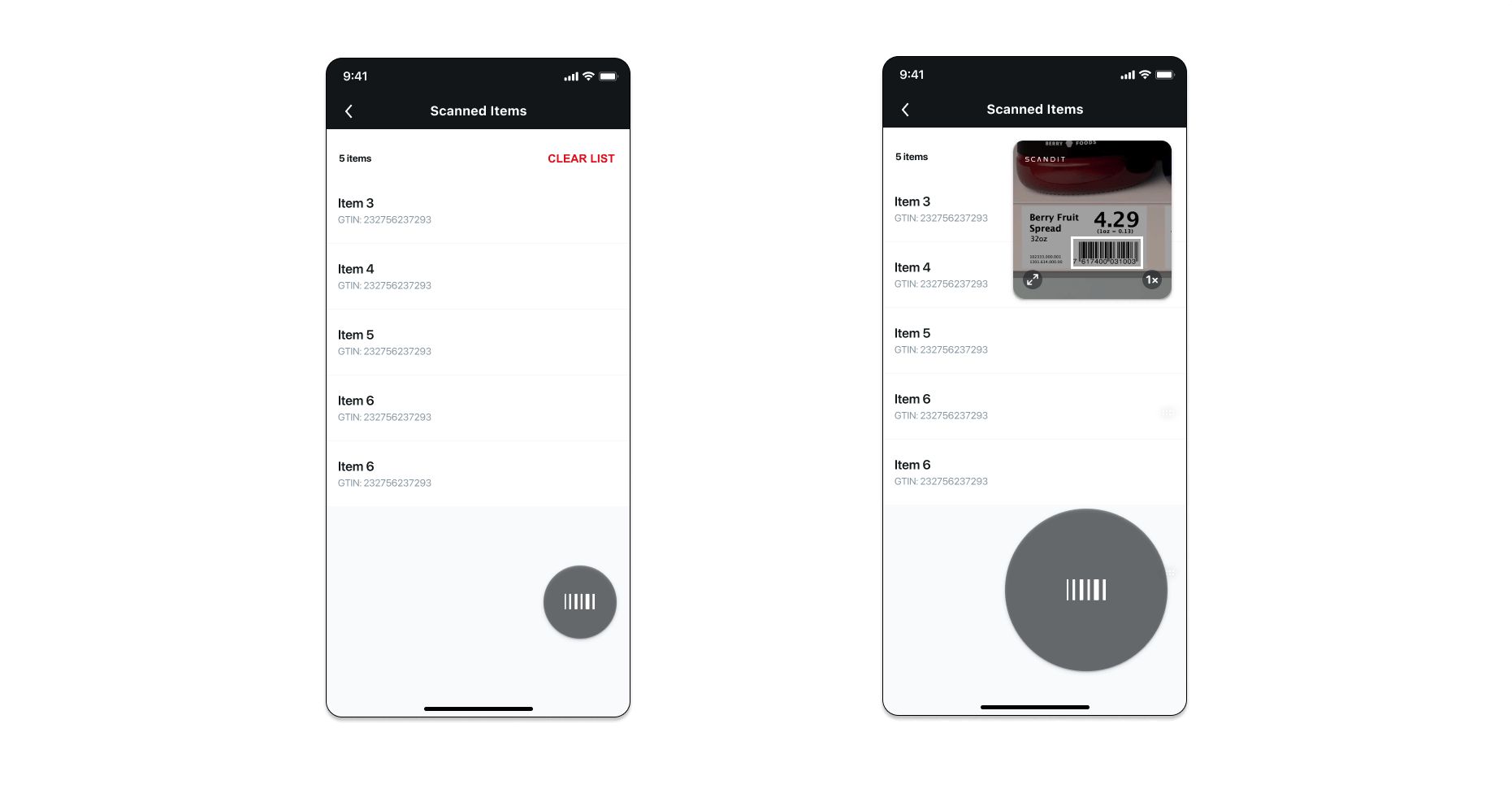 Two smartphone screens showing a barcode scanning app with a scanned items list and a product label preview for Berry Fruit Spread priced at $4.29.