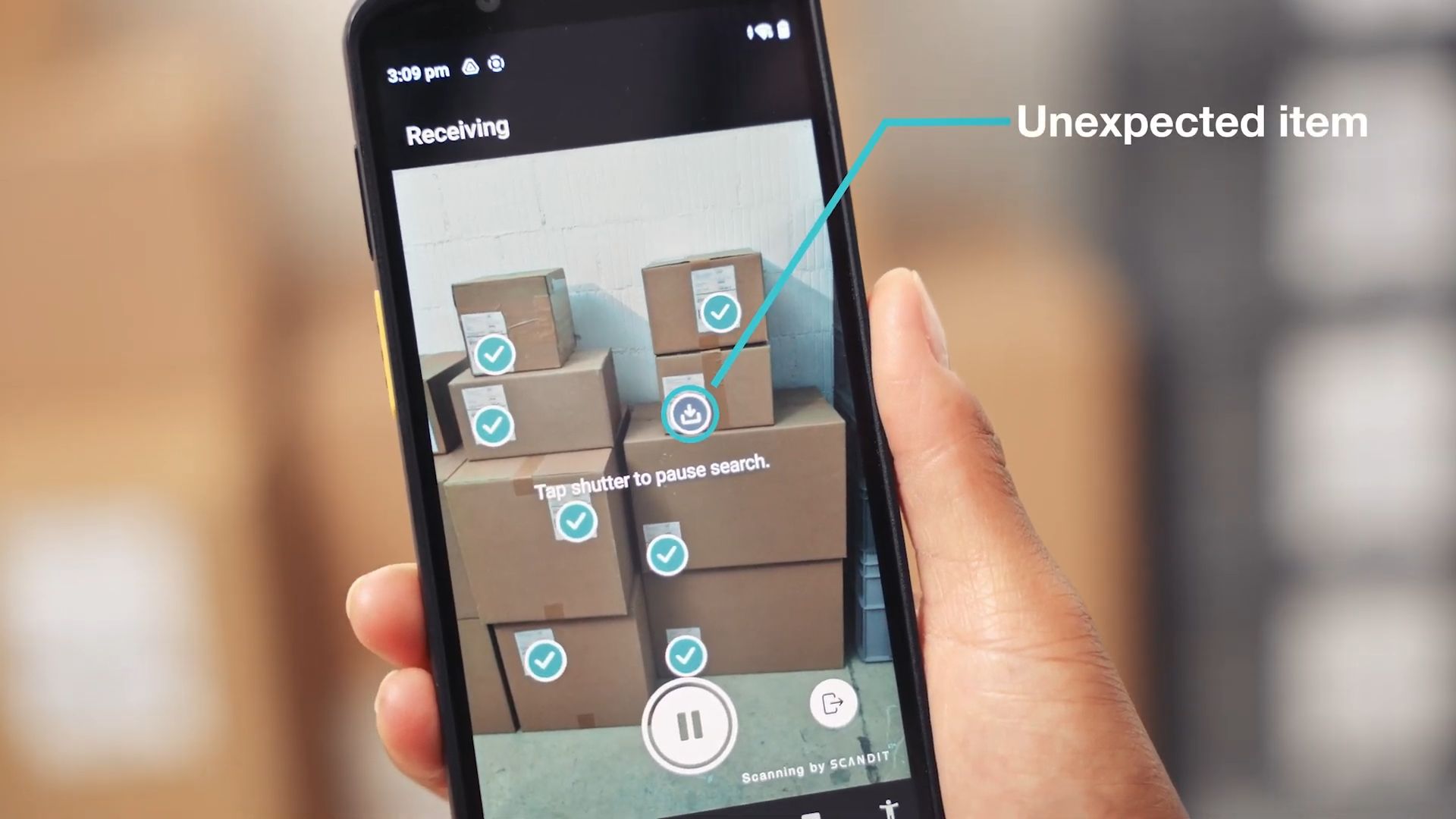 A smartphone screen shows an inventory app using AR to scan boxes. Checkmarks appear on correct items, while one is flagged as an "Unexpected item."