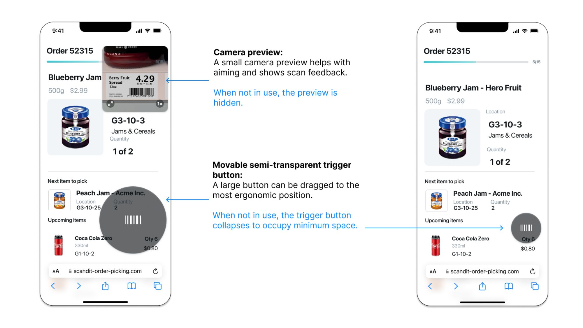 Two iPhone screens showing a grocery order-picking app with annotations highlighting camera preview and movable barcode scanner trigger button features.